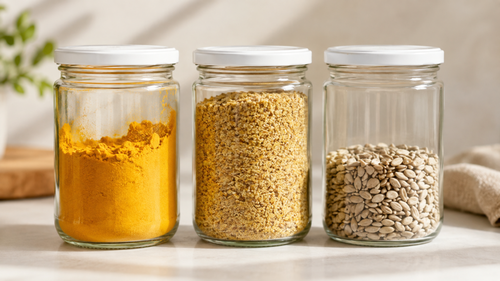 Glass jars with flaxseed, turmeric and pumpkin seed on wooden table