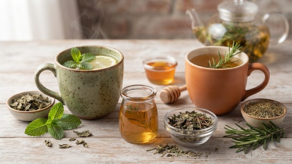 Dried sprigs of rosemary and fresh mint leaves next to a steaming cup of tea.