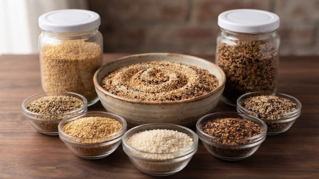 Crushed black sesame and white sesame seeds on small wooden spoons on the table.