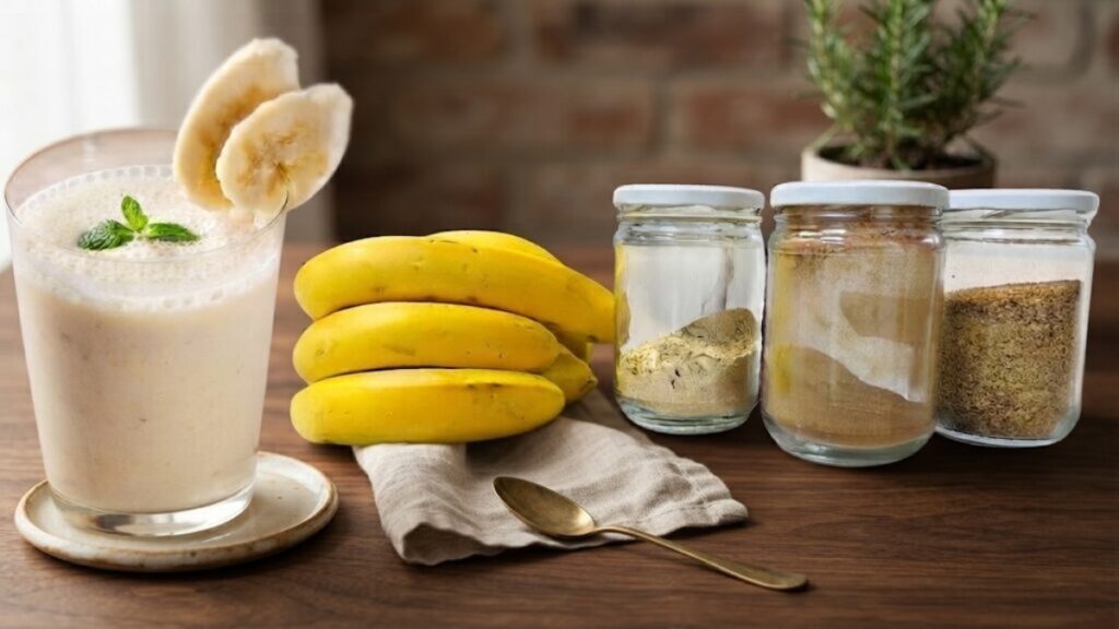 Cup with functional banana and Peruvian maca smoothie to relieve menopausal symptoms.